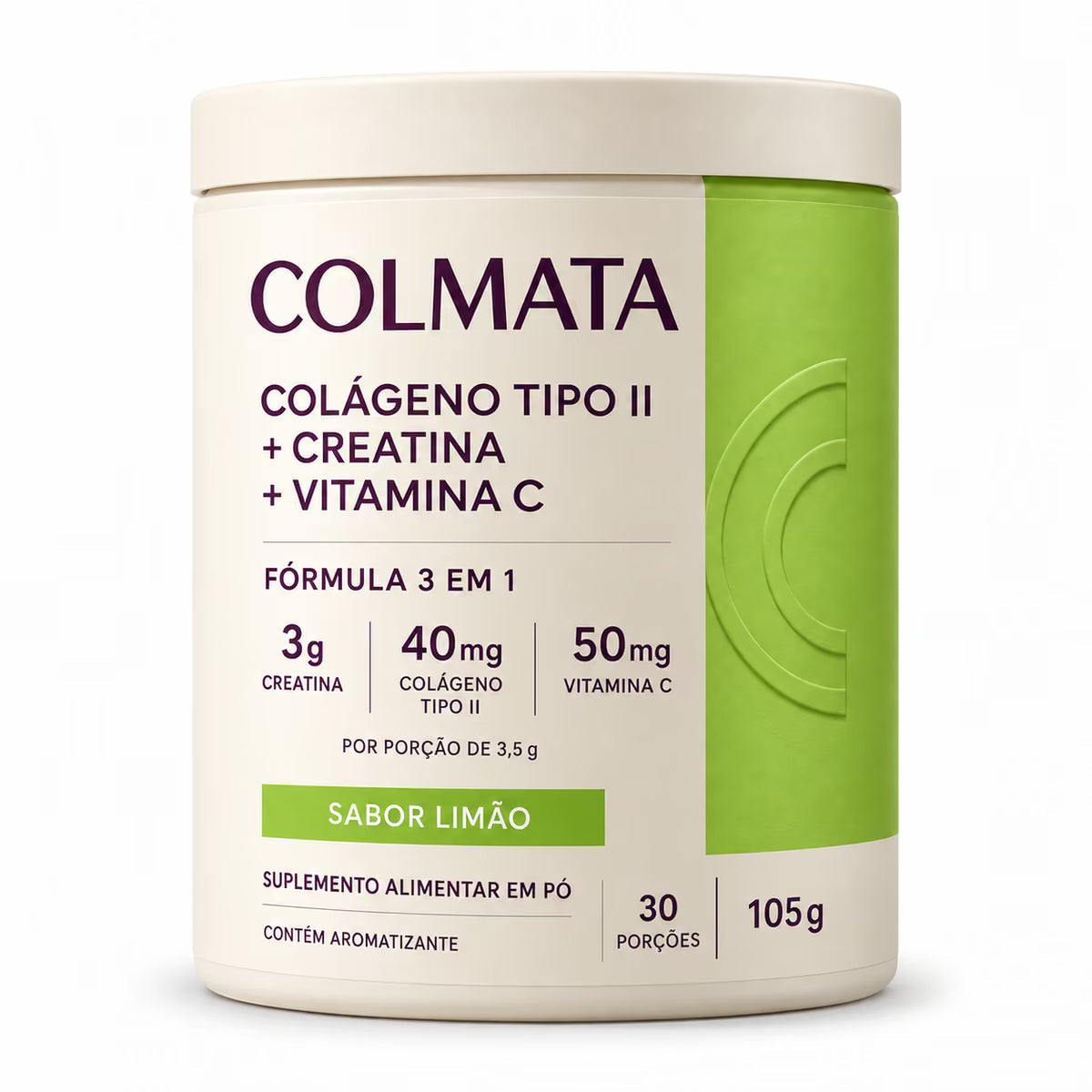 Pote de 105 g de Colmata Colágeno Tipo 2 com creatina e vitamina C, sabor limão, com a composição por porção impressa na frente