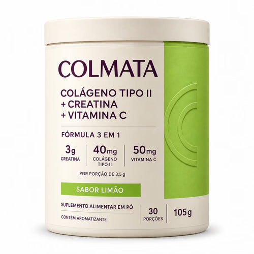 Pote de 105 g de Colmata Colágeno Tipo 2 com creatina e vitamina C, sabor limão, com a composição por porção impressa na frente