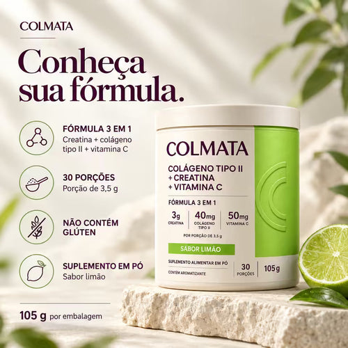 Colmata sabor limão com o resumo da fórmula: três ativos, 30 porções, porção de 3,5 g, pote de 105 g