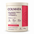 Pote de 105 g de Colmata Colágeno Tipo 2 com creatina e vitamina C, sabor morango, com a composição por porção impressa na frente