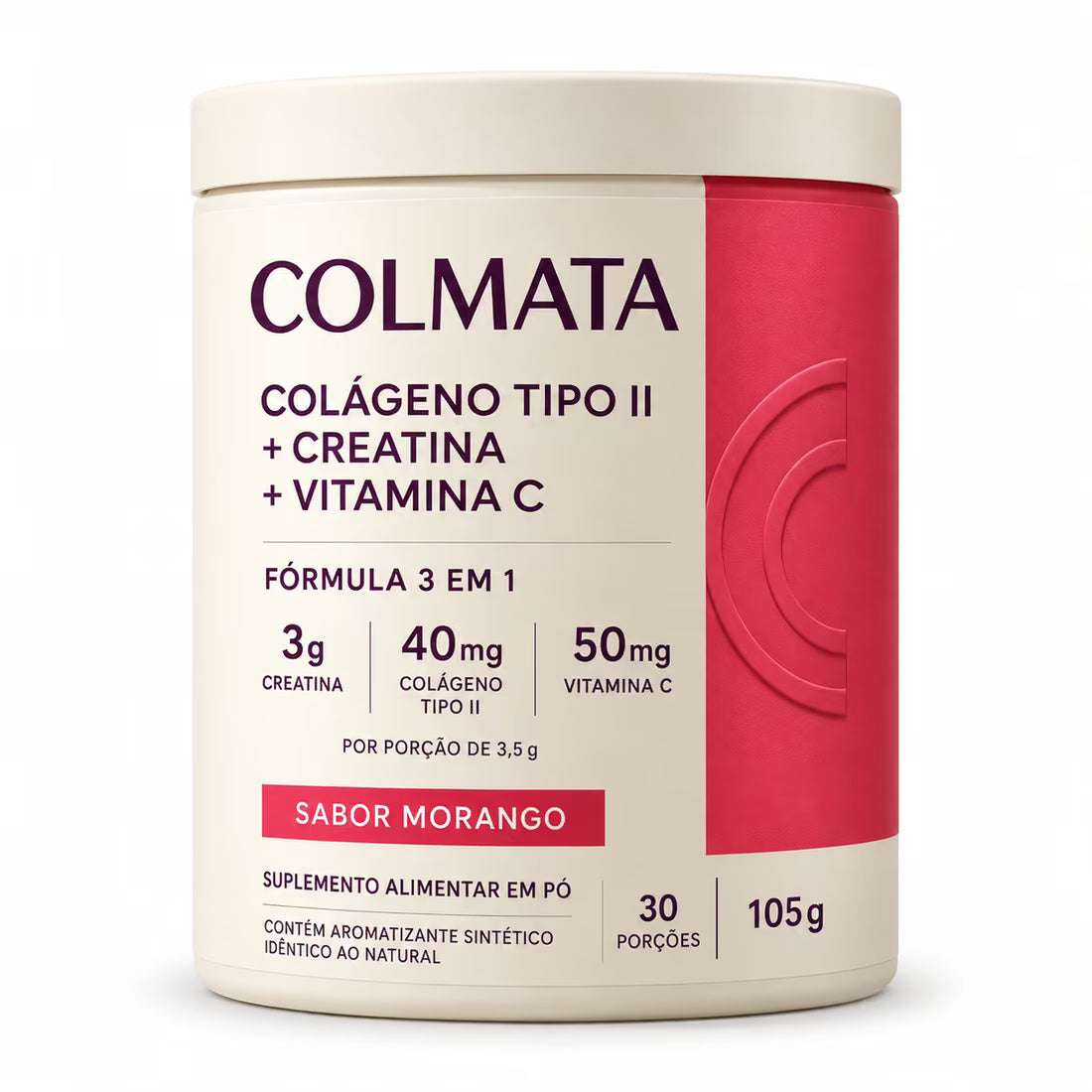 Pote de 105 g de Colmata Colágeno Tipo 2 com creatina e vitamina C, sabor morango, com a composição por porção impressa na frente