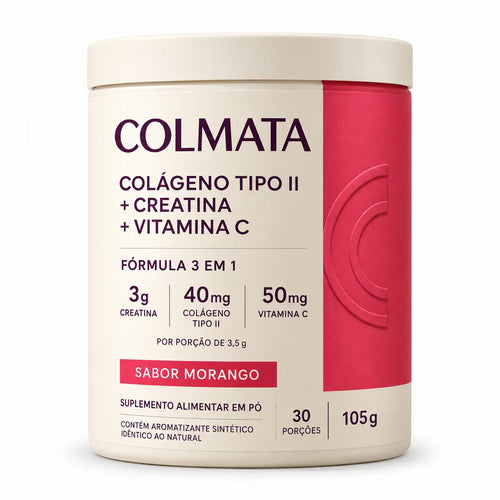 Pote de 105 g de Colmata Colágeno Tipo 2 com creatina e vitamina C, sabor morango, com a composição por porção impressa na frente