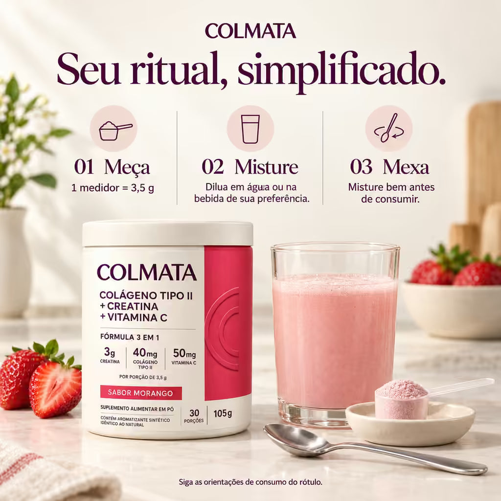 Modo de uso do Colmata sabor morango em três passos: medir 3,5 g, diluir na bebida e misturar