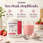 Modo de uso do Colmata sabor morango em três passos: medir 3,5 g, diluir na bebida e misturar