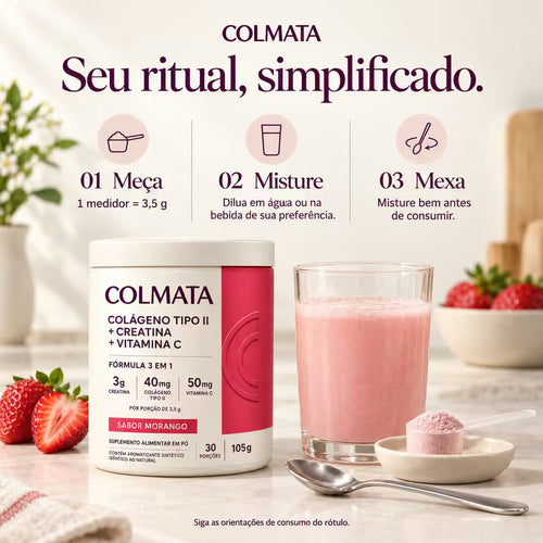 Modo de uso do Colmata sabor morango em três passos: medir 3,5 g, diluir na bebida e misturar