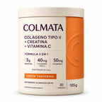 Pote de 105 g de Colmata Colágeno Tipo 2 com creatina e vitamina C, sabor tangerina, com a composição por porção impressa na frente