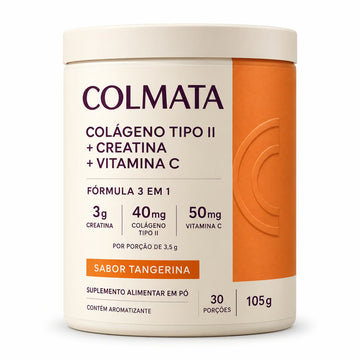 Pote de 105 g de Colmata Colágeno Tipo 2 com creatina e vitamina C, sabor tangerina, com a composição por porção impressa na frente