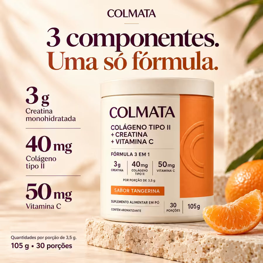 Composição por porção do Colmata sabor tangerina: 3 g de creatina, 40 mg de colágeno tipo 2 e 50 mg de vitamina C